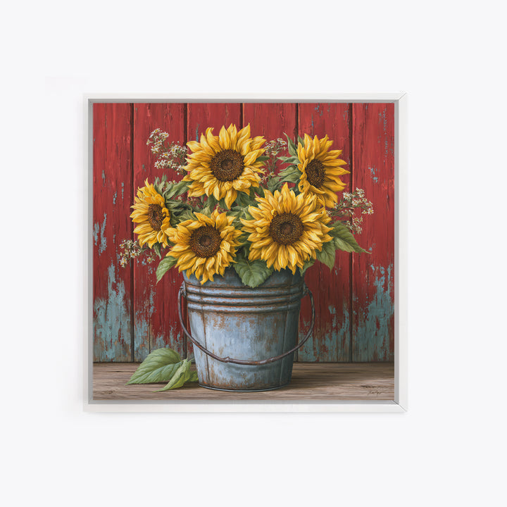 Sunflowers in a Metal Bucket Framed Canvas Print, Rustic Art, Landscape Wall Art, Farmhouse Decor, Rustic, Luxury Decor, RUS-1x1-84