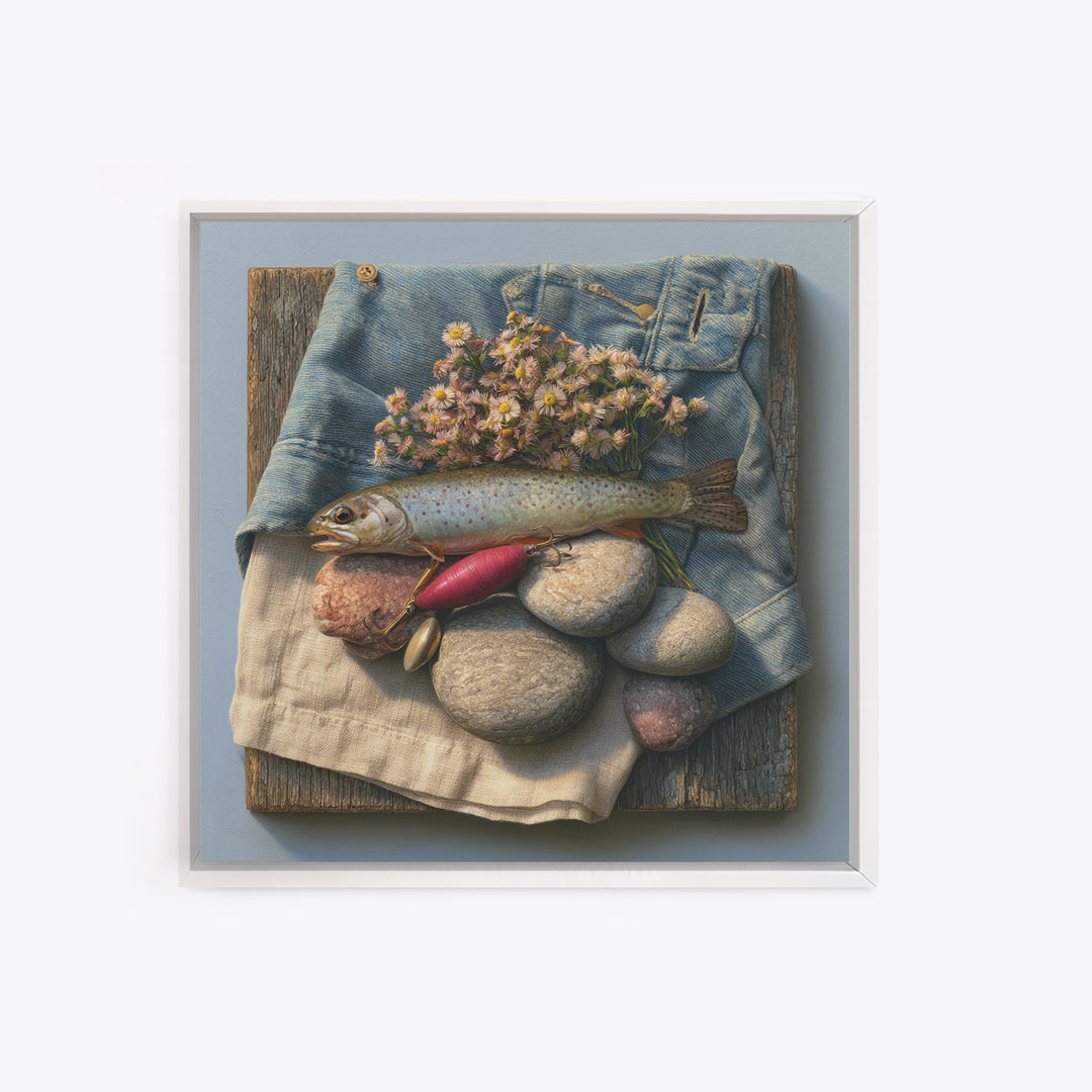 Trout Fishing Lure and River Stones Canvas Print, Rustic Art, Neutral Decor, Farmhouse Decor, Fine Art, Rustic, Home Decor, RUS-1x1-86