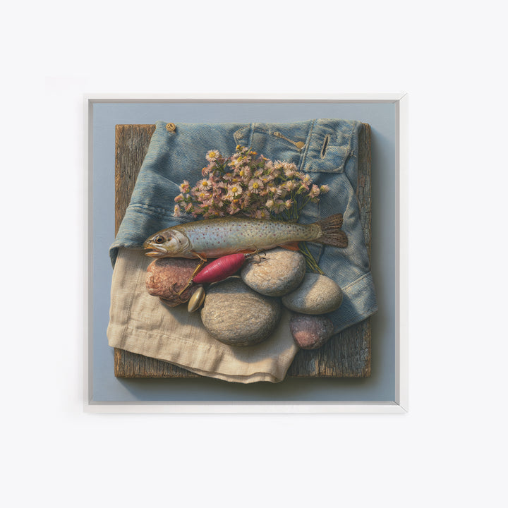 Trout Fishing Lure and River Stones Canvas Print, Rustic Art, Neutral Decor, Farmhouse Decor, Fine Art, Rustic, Home Decor, RUS-1x1-86
