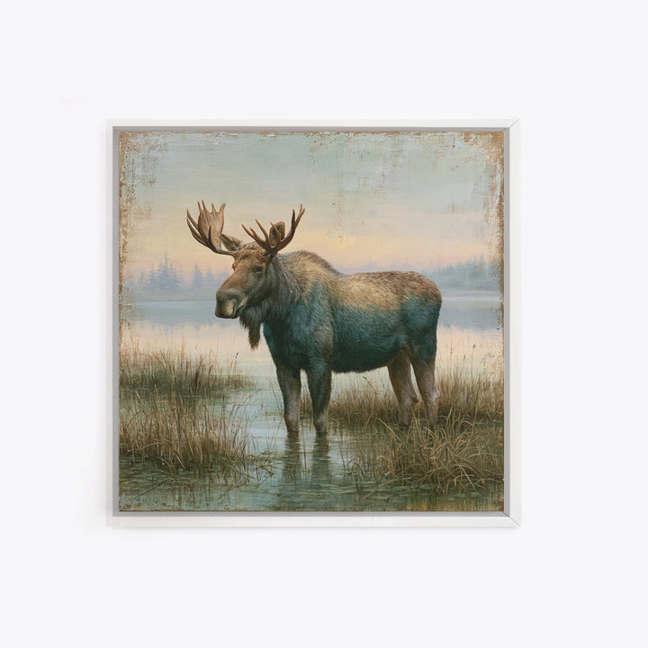 Moose Standing by a Quiet Lake Canvas Print, Rustic Art, Living Room Art, Farmhouse Decor, Watercolor Art, Rustic, RUS-1x1-9