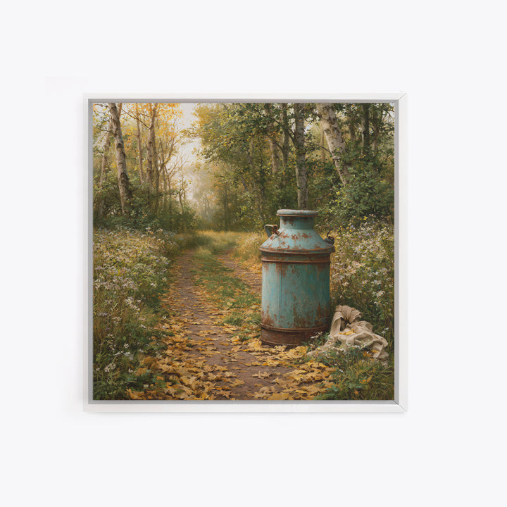 Forest Path with Golden Autumn Leaves Canvas Print, Rustic Art, Downloadable Art, Farmhouse Decor, Oil Painting, Rustic, RUS-1x1-90