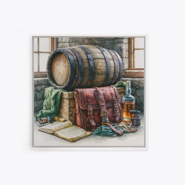 Whiskey Barrel and Leather Still Life Canvas Print, Rustic Art, Boho Decor, Farmhouse Decor, Fine Art, Rustic, Art Print, RUS-1x1-91