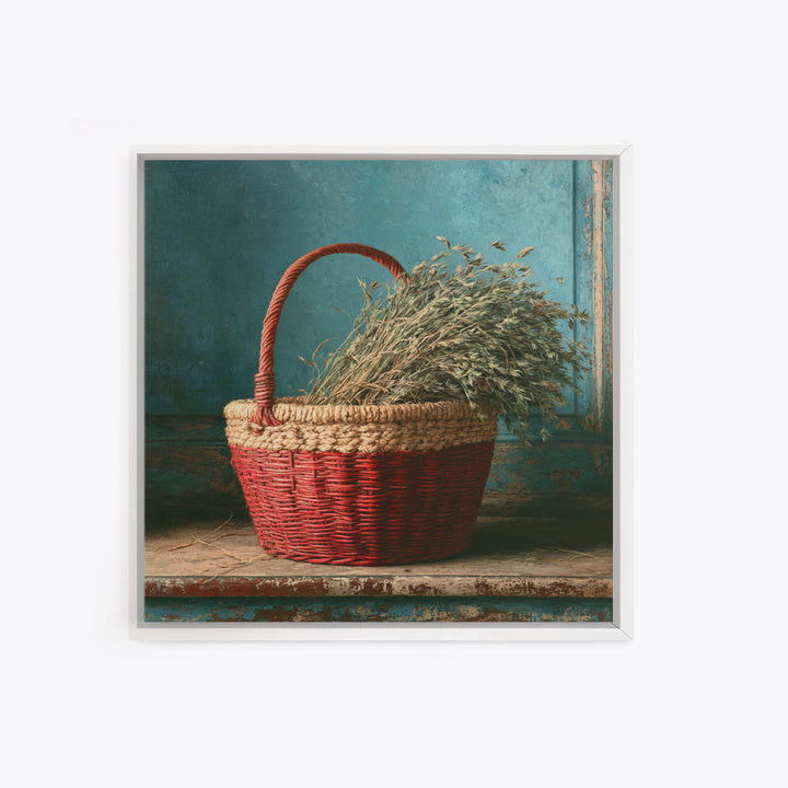 Handwoven Basket with Dried Grasses Framed Canvas Print, Rustic Art, Digital Prints, Farmhouse Decor, Fine Art, Rustic, RUS-1x1-96