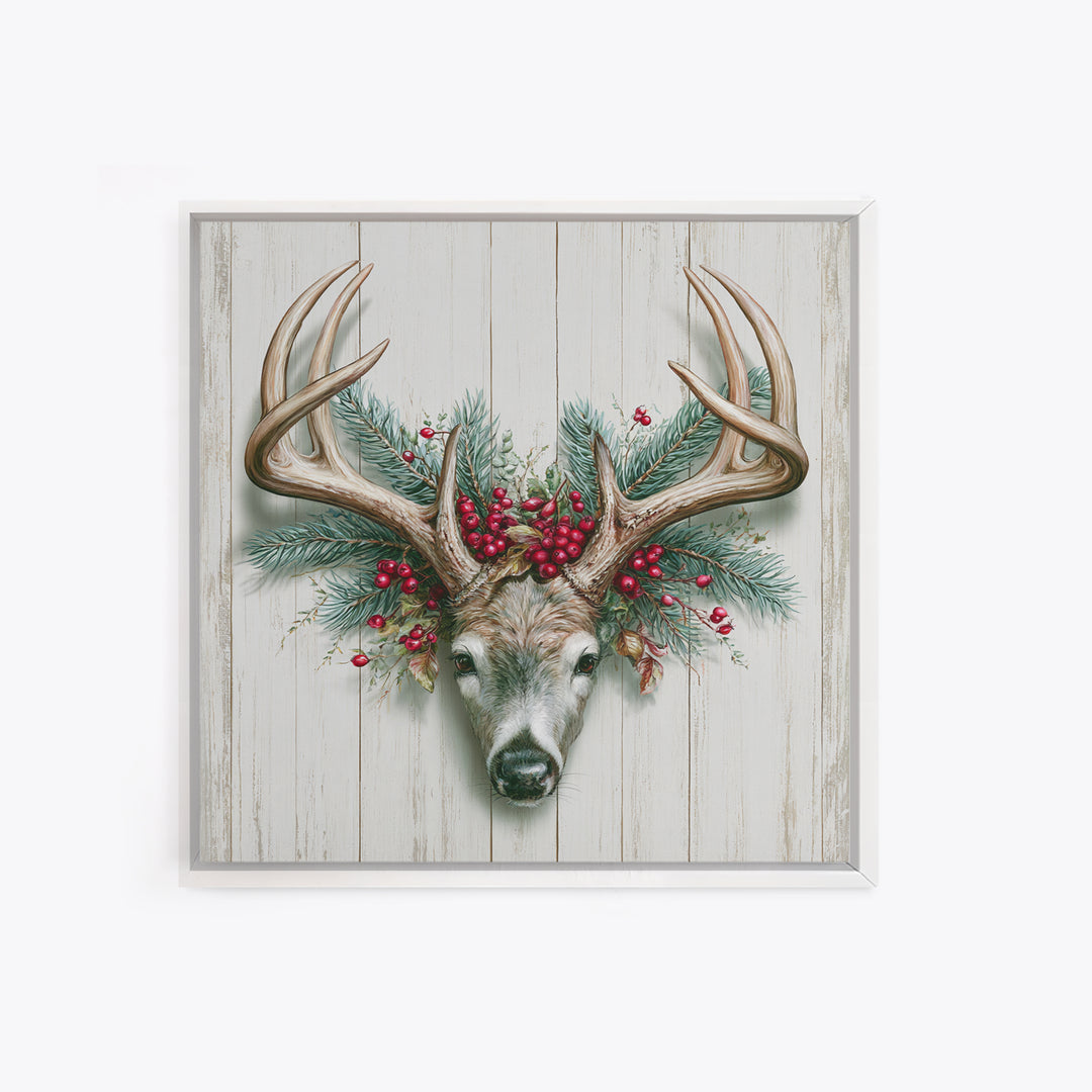 Deer Antlers with Pine Branches and Berries Canvas Print, Rustic Art, Statement Artwork, Farmhouse Decor, Fine Art, Rustic, RUS-1x1-98