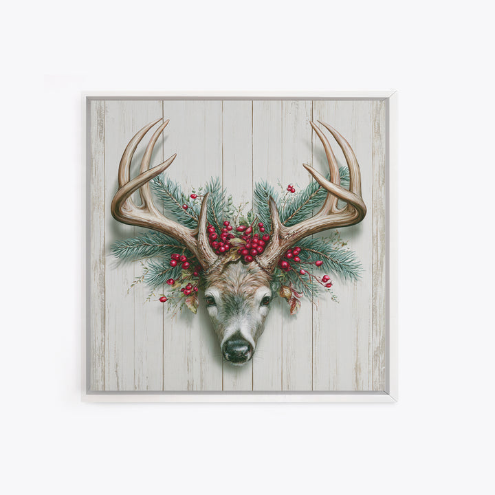 Deer Antlers with Pine Branches and Berries Canvas Print, Rustic Art, Statement Artwork, Farmhouse Decor, Fine Art, Rustic, RUS-1x1-98
