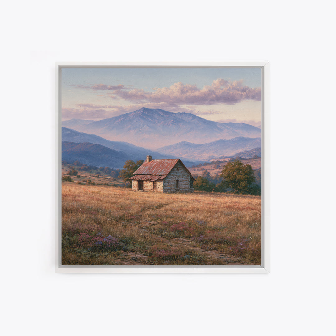 Mountain Cabin Landscape Canvas Print, Rustic Art, Wall Art, Farmhouse Decor, Oil Painting, Rustic, Living Room Decor, RUS-1x1-99