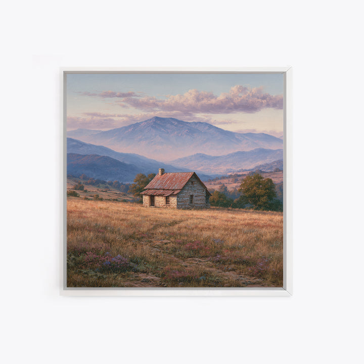 Mountain Cabin Landscape Canvas Print, Rustic Art, Wall Art, Farmhouse Decor, Oil Painting, Rustic, Living Room Decor, RUS-1x1-99