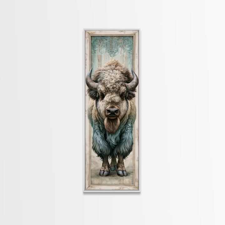 Buffalo Portrait with Western Texture Canvas Print, Rustic Art, Wood Art, Farmhouse Decor, Oil Painting, Rustic, Wall Decor, RUS-1x3-10