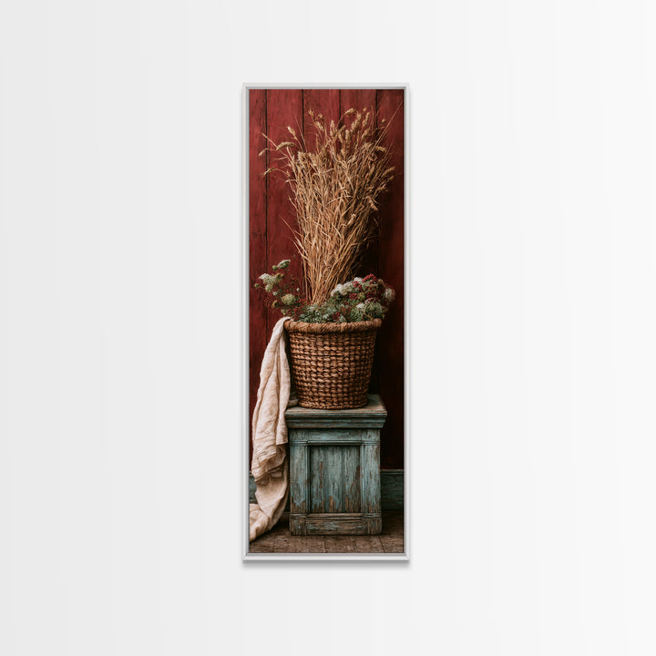Handwoven Basket with Dried Grasses Canvas Print, Rustic Art, Statement Artwork, Farmhouse Decor, Oil Painting, Rustic, RUS-1x3-12
