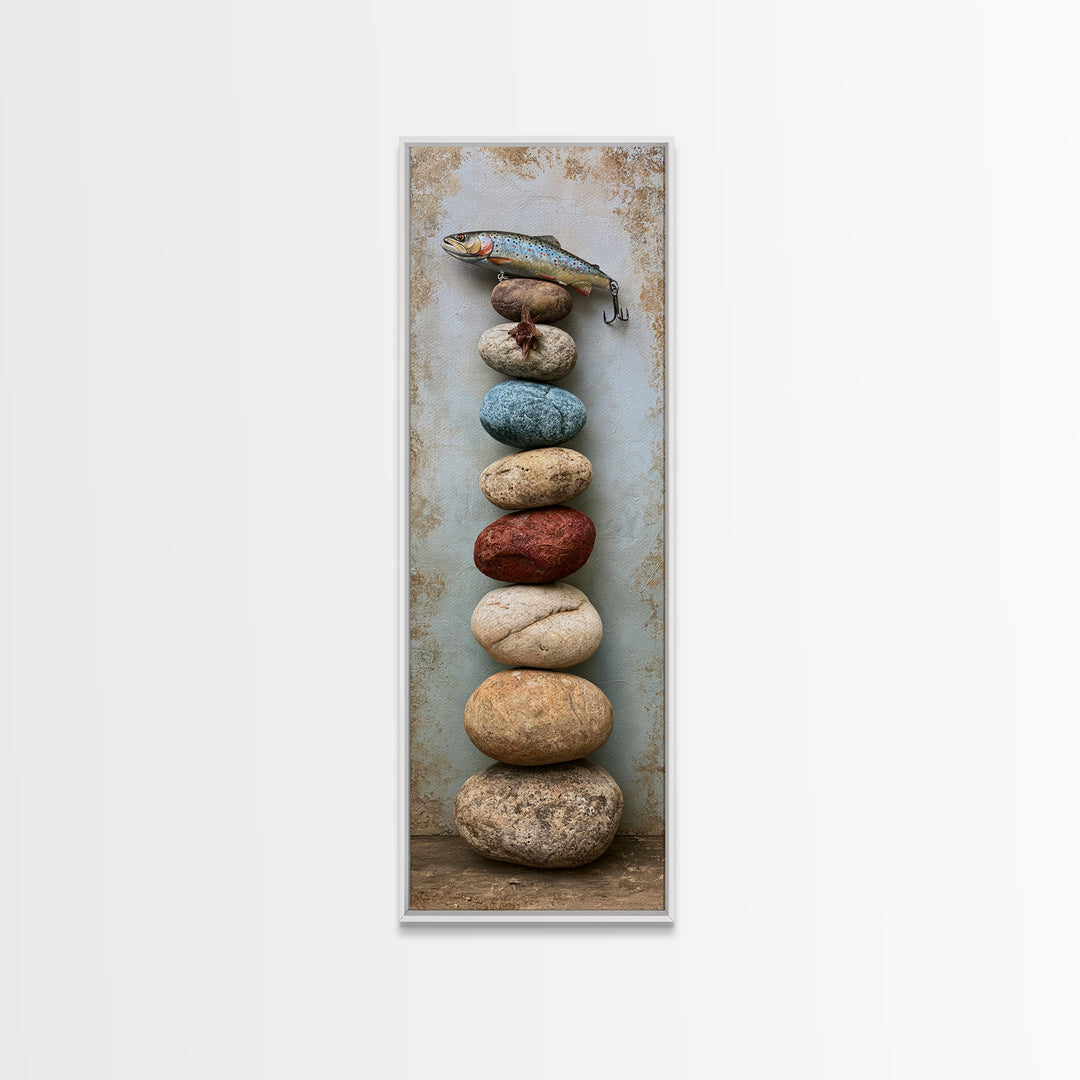 Trout Fishing Lure and River Stones Canvas Print, Rustic Art, Farmhouse Wall Art, Farmhouse Decor, Rustic, Statement Artwork, RUS-1x3-2