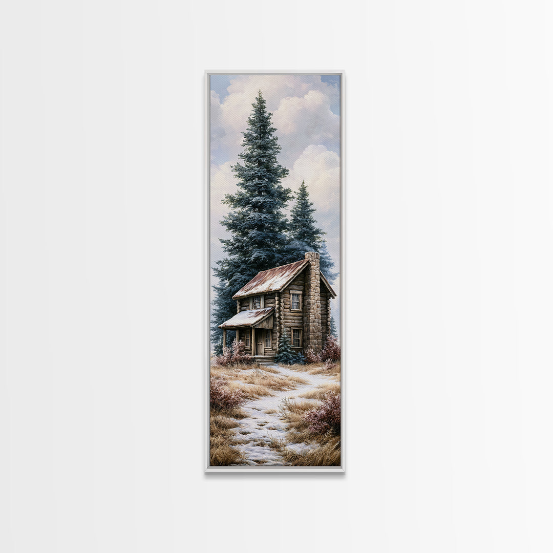 Log Cabin with Snowy Pines Canvas Print, Rustic Art, Digital Prints, Farmhouse Decor, Oil Painting, Rustic, 3d Wall Art, RUS-1x3-27