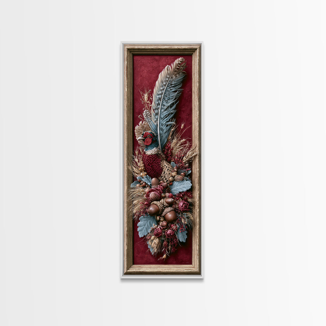 Pheasant Feathers and Acorns Arrangement Canvas Print, Rustic Art, Room Decor, Farmhouse Decor, Fine Art, Rustic, Oil Painting, RUS-1x3-28