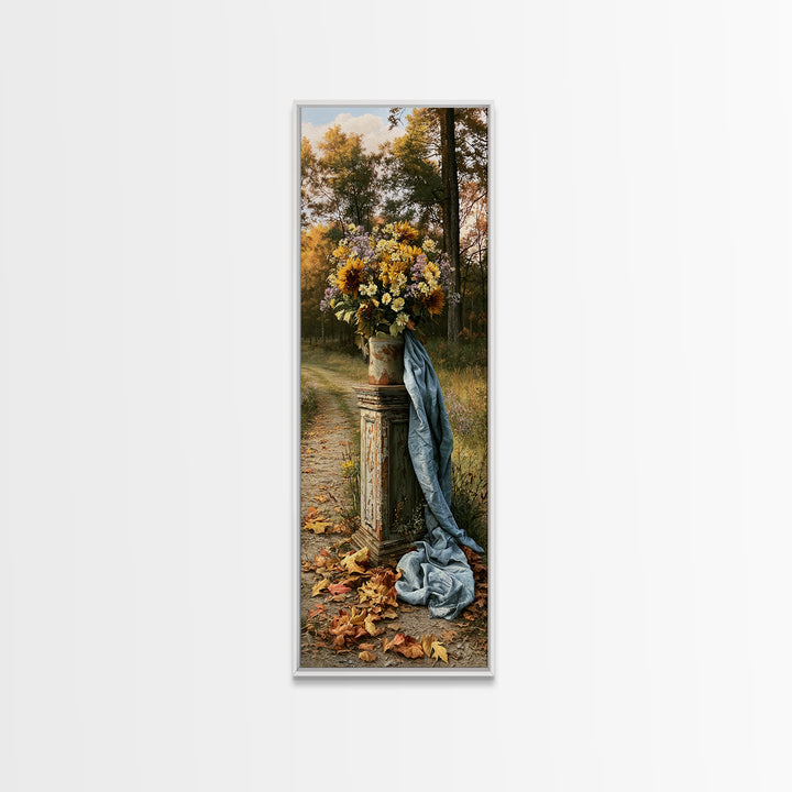 Forest Path with Golden Autumn Leaves Framed Canvas Print, Rustic Art, Portrait Painting, Farmhouse Decor, Fine Art, Rustic, RUS-1x3-30