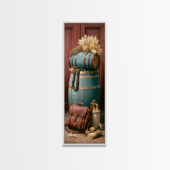 Whiskey Barrel and Leather Still Life Framed Canvas Print, Rustic Art, Art Print, Farmhouse Decor, Watercolor Art, Rustic, RUS-1x3-31