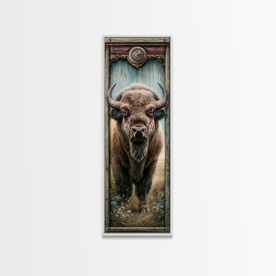 Buffalo Portrait with Western Texture Framed Canvas Print, Rustic Art, Gallery Wall Art, Farmhouse Decor, Fine Art, Rustic, RUS-1x3-34