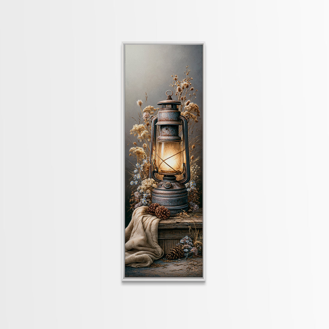Rustic Lantern Glowing Beside Pinecones Canvas Print, Rustic Art, Digital Prints, Farmhouse Decor, Rustic, 3d Wall Art, RUS-1x3-40