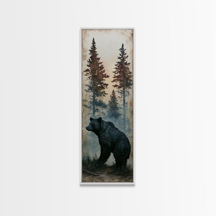 Bear Silhouette Among Pine Trees Canvas Print, Rustic Art, Oil Painting, Farmhouse Decor, Fine Art, Rustic, Modern Art, RUS-1x3-43