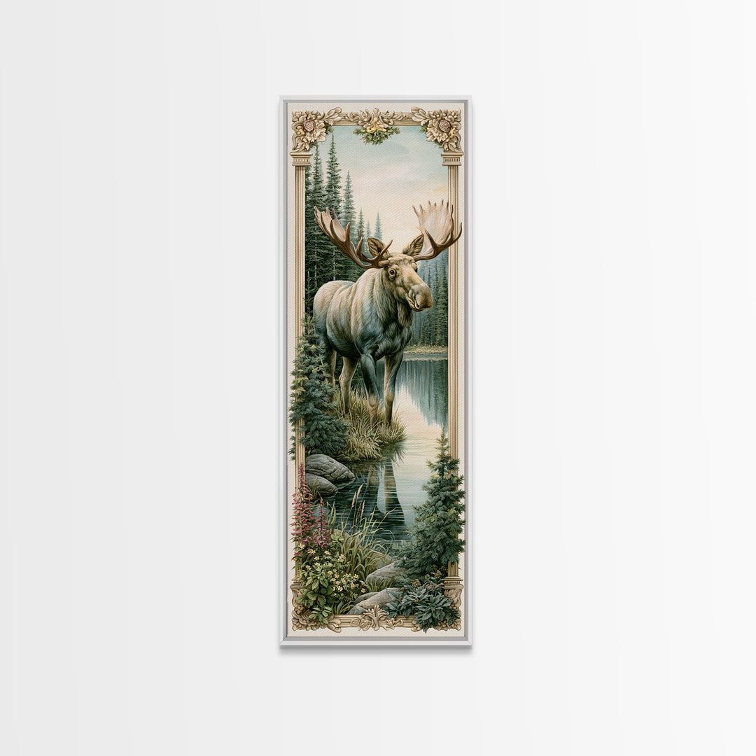 Moose Standing by a Quiet Lake Framed Canvas Print, Rustic Art, Boho Decor, Farmhouse Decor, Fine Art, Rustic, Art Print, RUS-1x3-45