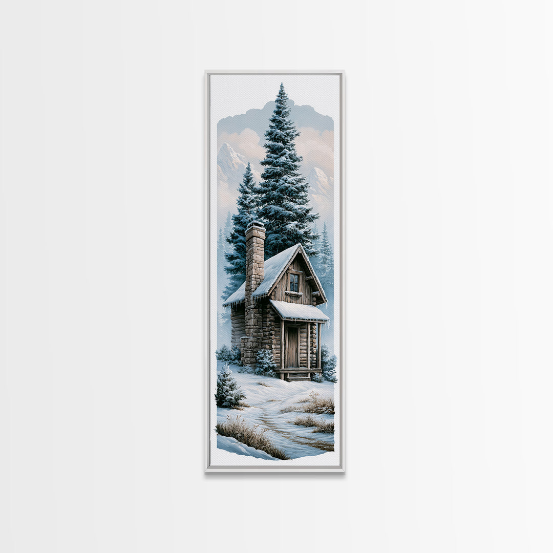 Log Cabin with Snowy Pines Canvas Print, Rustic Art, Boho Wall Art, Farmhouse Decor, Abstract Art, Rustic, Downloadable Art, RUS-1x3-51