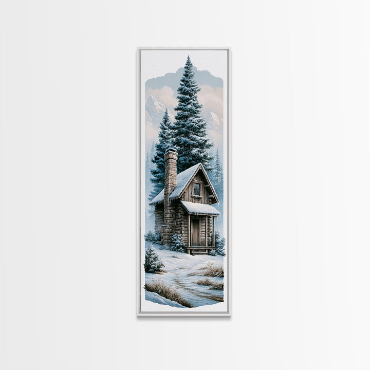 Log Cabin with Snowy Pines Canvas Print, Rustic Art, Boho Wall Art, Farmhouse Decor, Abstract Art, Rustic, Downloadable Art, RUS-1x3-51