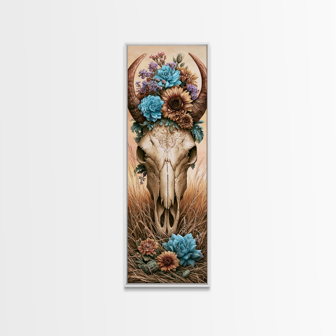 Cow Skull with Desert Flowers Framed Canvas Print, Rustic Art, Neutral Decor, Farmhouse Decor, Fine Art, Rustic, Home Decor, RUS-1x3-53
