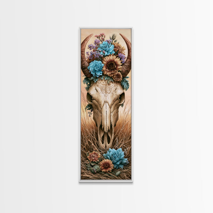 Cow Skull with Desert Flowers Framed Canvas Print, Rustic Art, Neutral Decor, Farmhouse Decor, Fine Art, Rustic, Home Decor, RUS-1x3-53