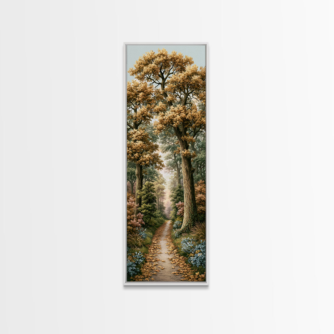 Forest Path with Golden Autumn Leaves Framed Canvas Print, Rustic Art, Portrait Painting, Farmhouse Decor, Fine Art, Rustic, RUS-1x3-54