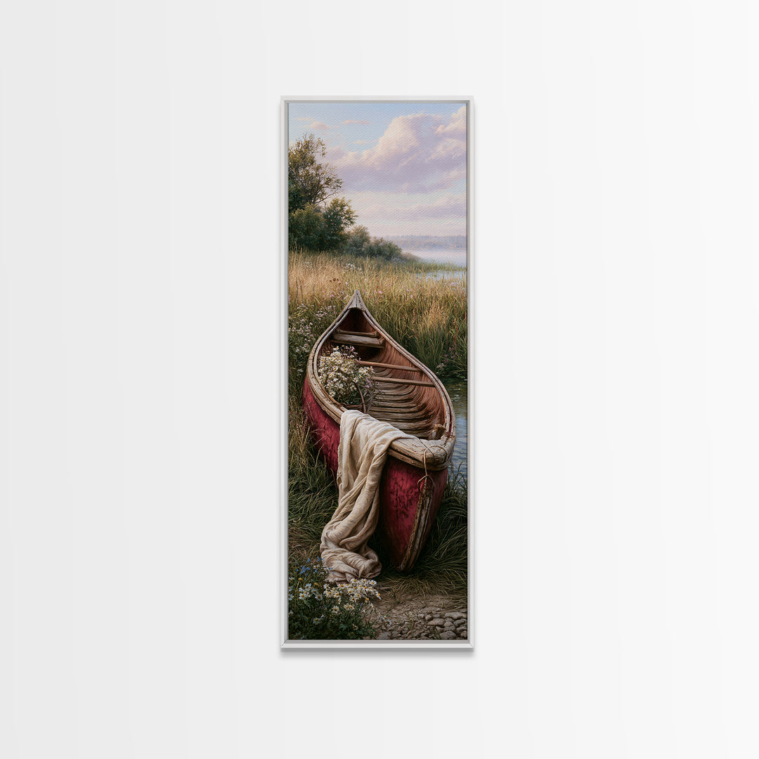 Old Canoe Pulled Onto a Lake Shore Canvas Print, Rustic Art, Oil Painting, Farmhouse Decor, Fine Art, Rustic, Modern Art, RUS-1x3-56