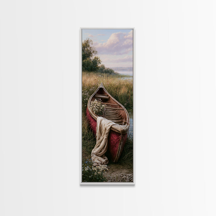 Old Canoe Pulled Onto a Lake Shore Canvas Print, Rustic Art, Oil Painting, Farmhouse Decor, Fine Art, Rustic, Modern Art, RUS-1x3-56