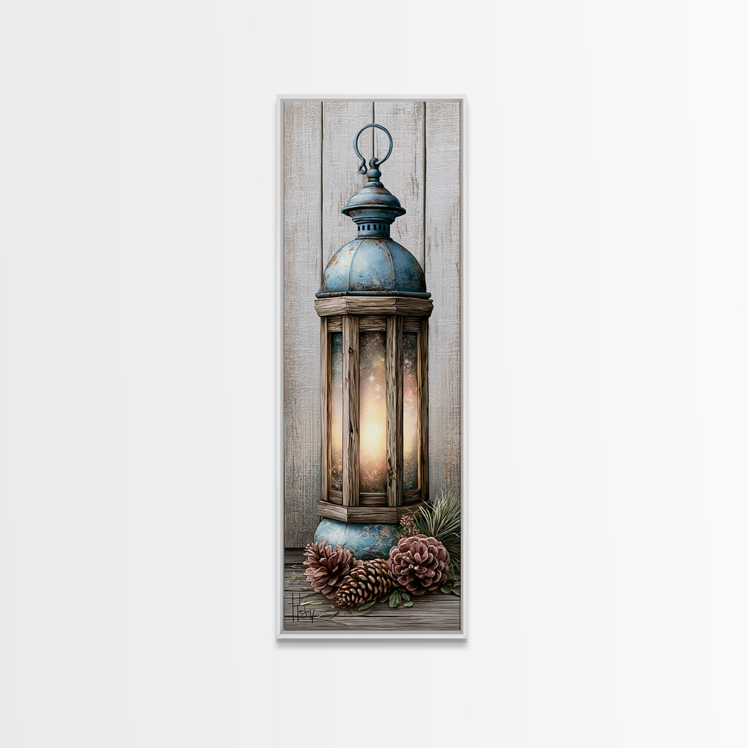 Rustic Lantern Glowing Beside Pinecones Framed Canvas Print, Rustic Art, Wood Wall Art, Farmhouse Decor, Fine Art, Rustic, RUS-1x3-64