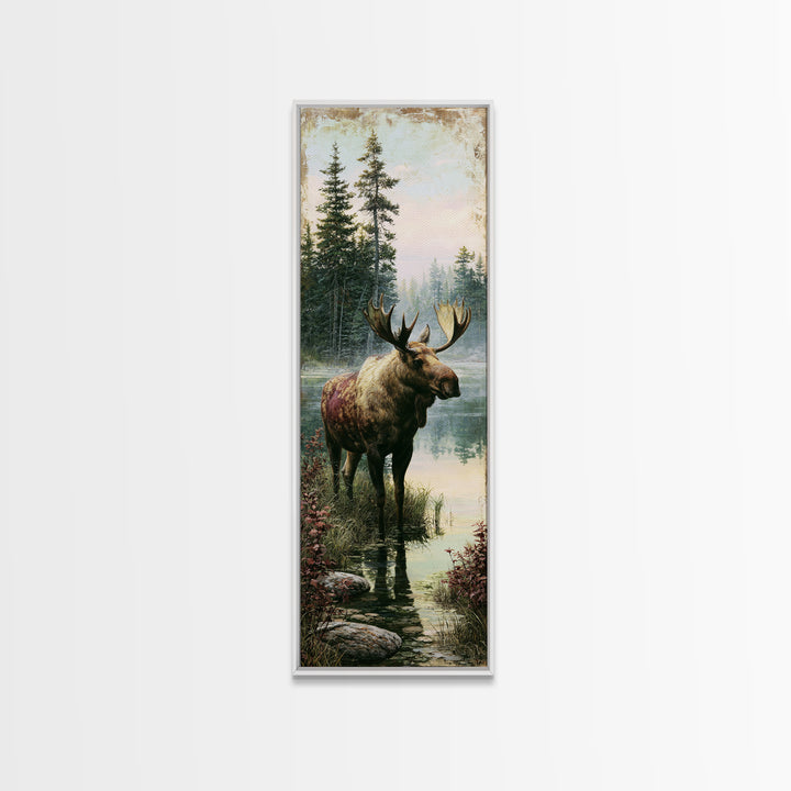 Moose Standing by a Quiet Lake Framed Canvas Print, Rustic Art, Boho Decor, Farmhouse Decor, Fine Art, Rustic, Art Print, RUS-1x3-69