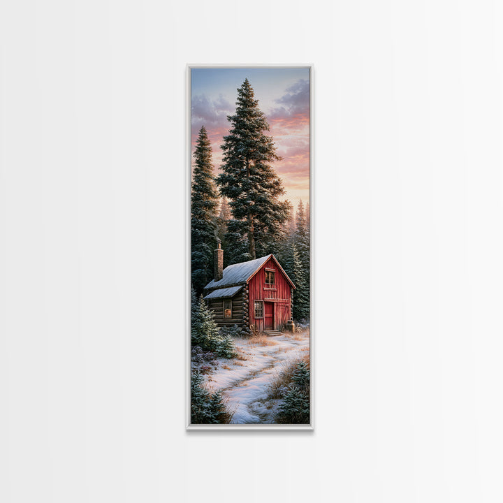 Log Cabin with Snowy Pines Framed Canvas Print, Rustic Art, Landscape Painting, Farmhouse Decor, Fine Art, Rustic, Modern Decor, RUS-1x3-75