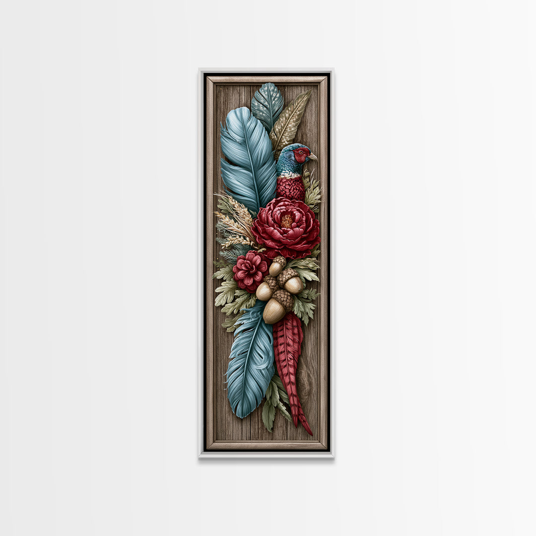 Pheasant Feathers and Acorns Arrangement Framed Canvas Print, Rustic Art, Farmhouse Decor, Oil Painting, Rustic, RUS-1x3-76