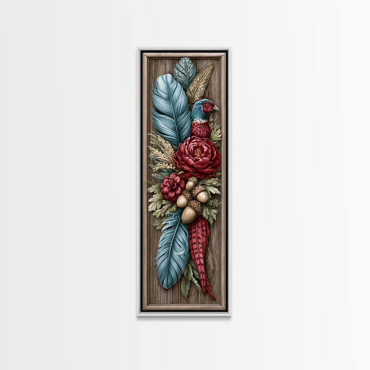 Pheasant Feathers and Acorns Arrangement Framed Canvas Print, Rustic Art, Farmhouse Decor, Oil Painting, Rustic, RUS-1x3-76