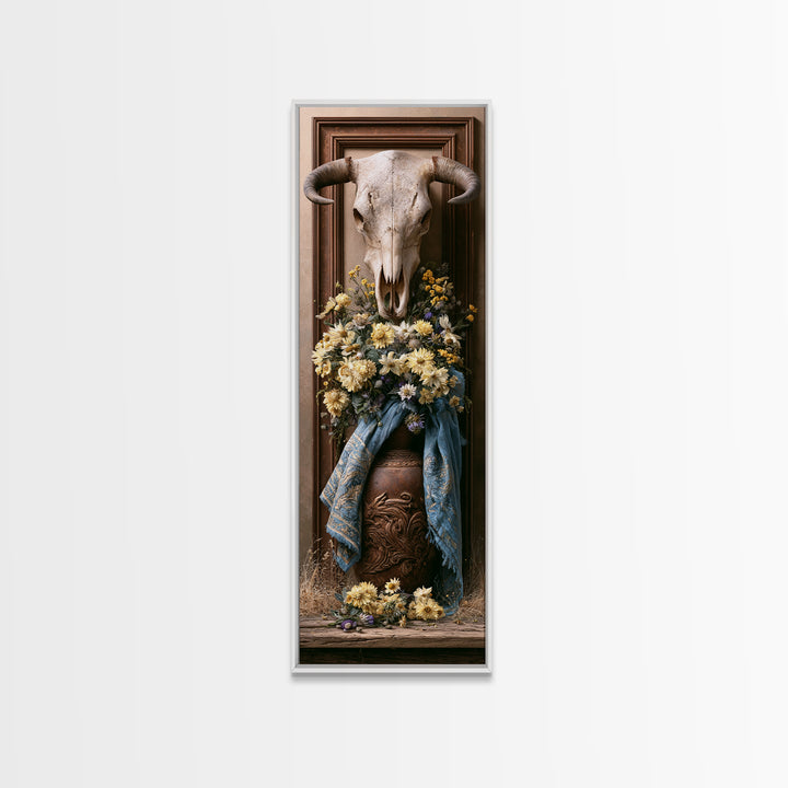 Cow Skull with Desert Flowers Canvas Print, Rustic Art, Luxury Decor, Farmhouse Decor, Fine Art, Rustic, Printable Wall Art, RUS-1x3-77