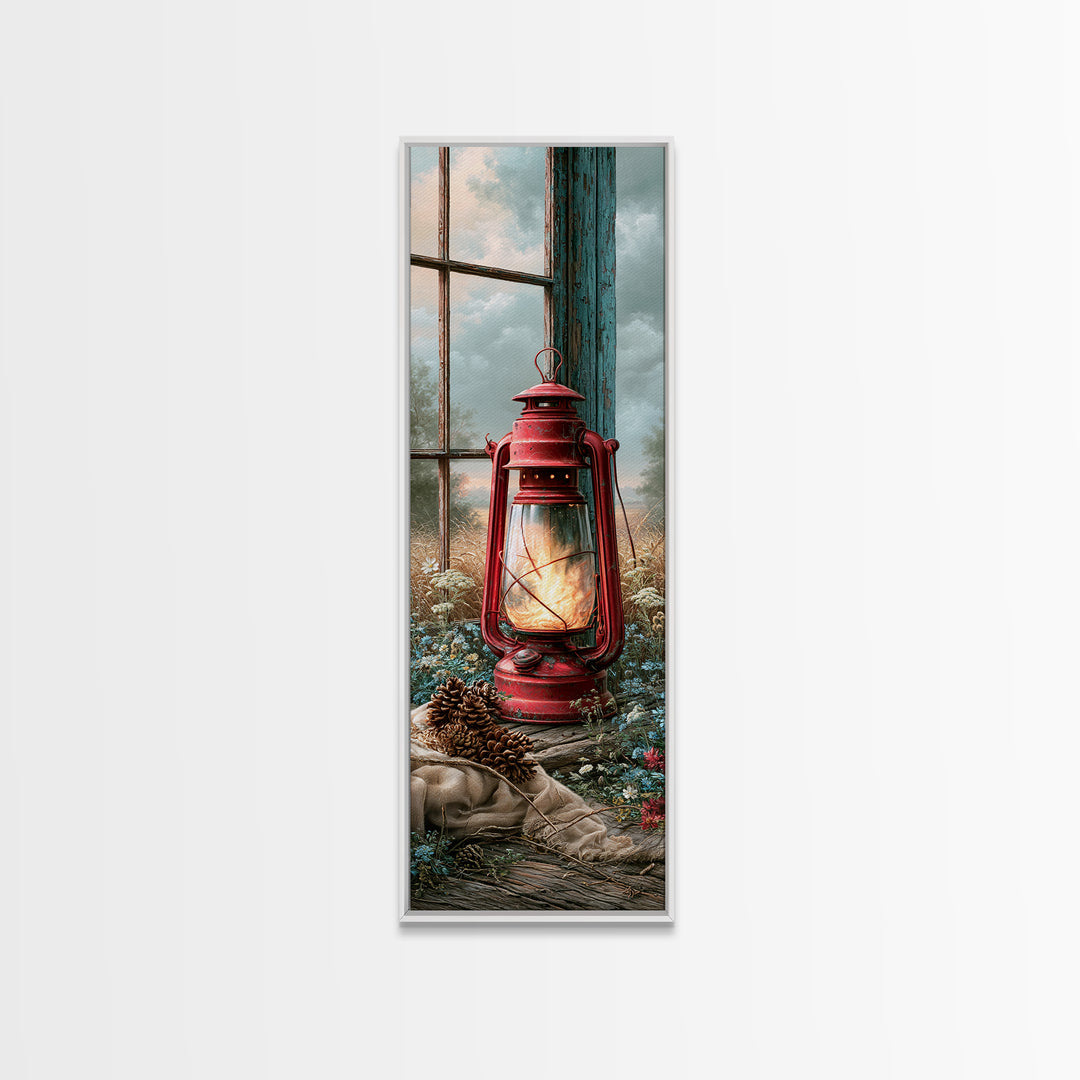 Rustic Lantern Glowing Beside Pinecones Canvas Print, Rustic Art, Boho Wall Art, Farmhouse Decor, Rustic, Downloadable Art, RUS-1x3-88