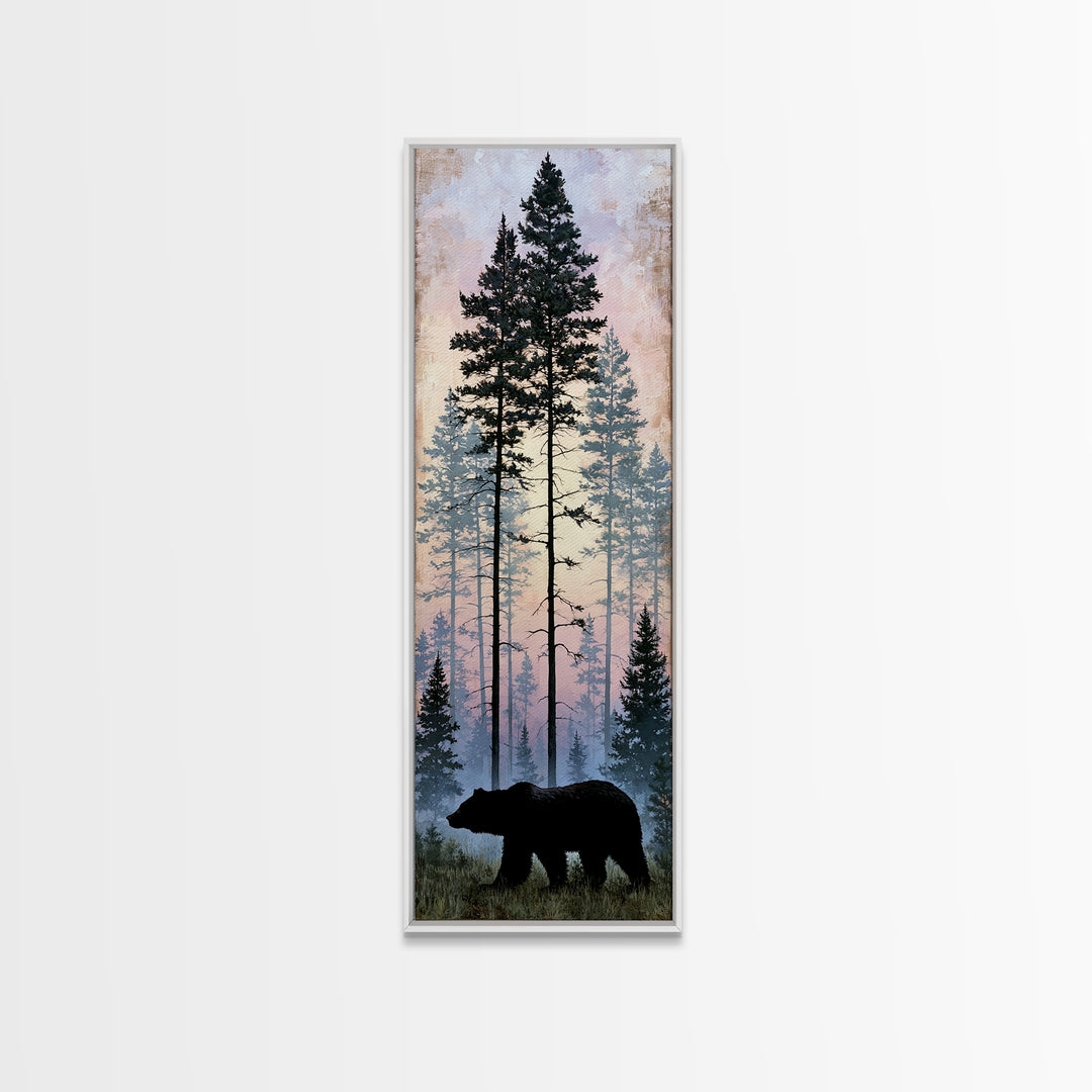Bear Silhouette Among Pine Trees Framed Canvas Print, Rustic Art, Gallery Wall Art, Farmhouse Decor, Oil Painting, Rustic, RUS-1x3-91