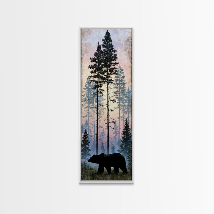 Bear Silhouette Among Pine Trees Framed Canvas Print, Rustic Art, Gallery Wall Art, Farmhouse Decor, Oil Painting, Rustic, RUS-1x3-91