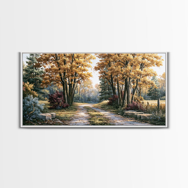Forest Path with Golden Autumn Leaves Framed Canvas Print, Rustic Art, Modern Decor, Farmhouse Decor, Fine Art, Rustic, RUS-2x1-14
