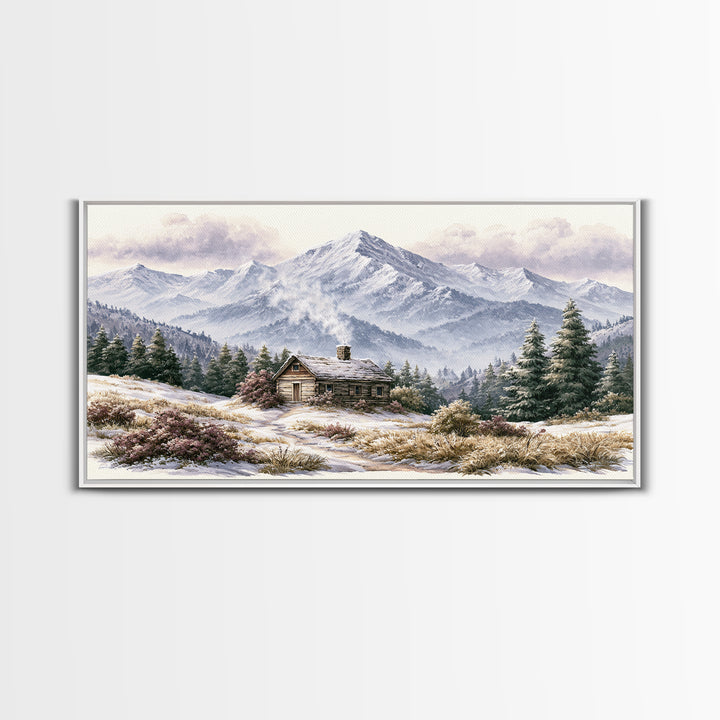 Winter Mountain Scene Framed Canvas Print, Rustic Art, Landscape Wall Art, Farmhouse Decor, Fine Art, Rustic, Luxury Decor, RUS-2x1-19