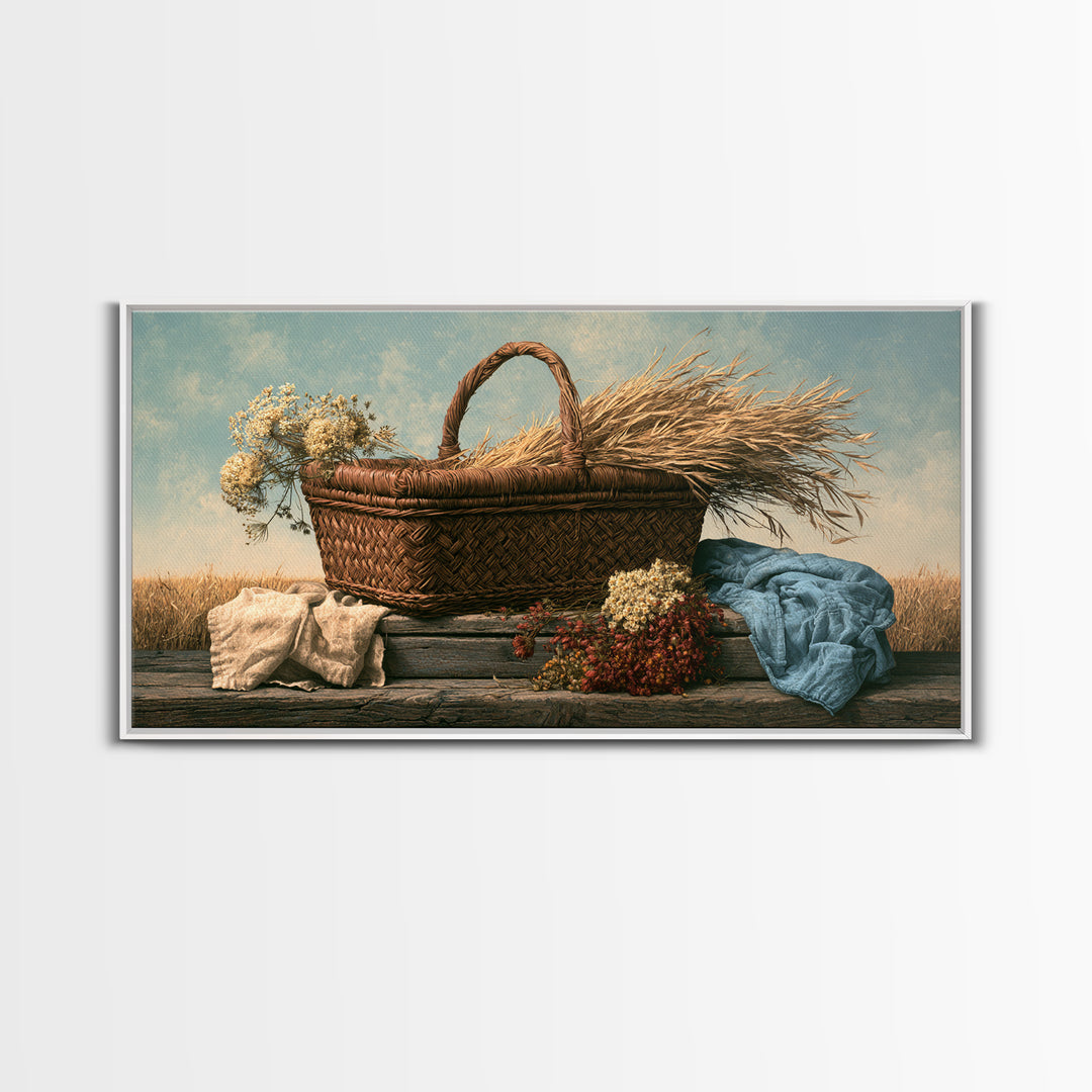 Handwoven Basket with Dried Grasses Framed Canvas Print, Rustic Art, Fine Art Print, Farmhouse Decor, Fine Art, Rustic, RUS-2x1-20
