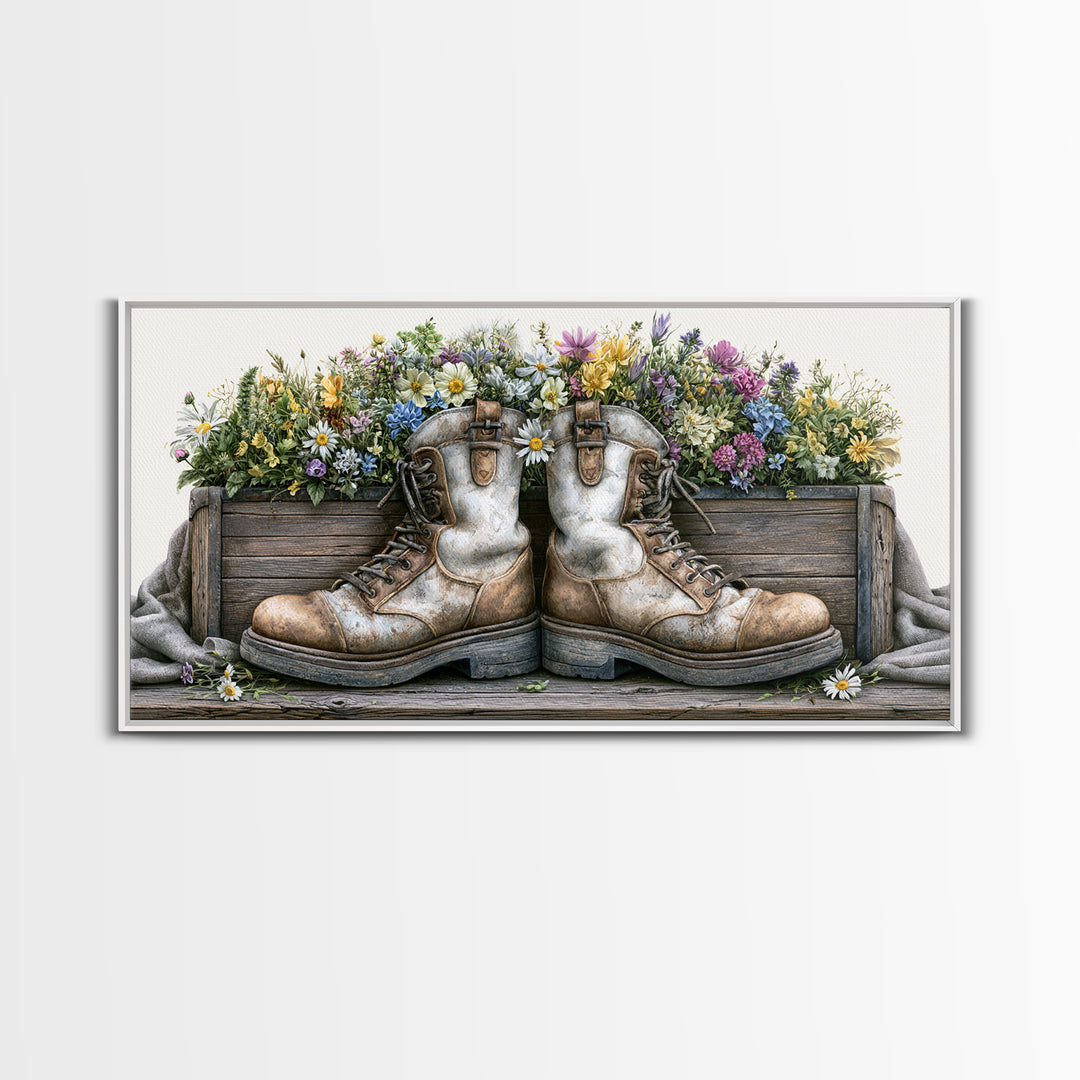 Old Boots Filled Canvas Print, Rustic Art, Boho Decor, Farmhouse Decor, Fine Art, Rustic, Art Print, Digital Art, RUS-2x1-26