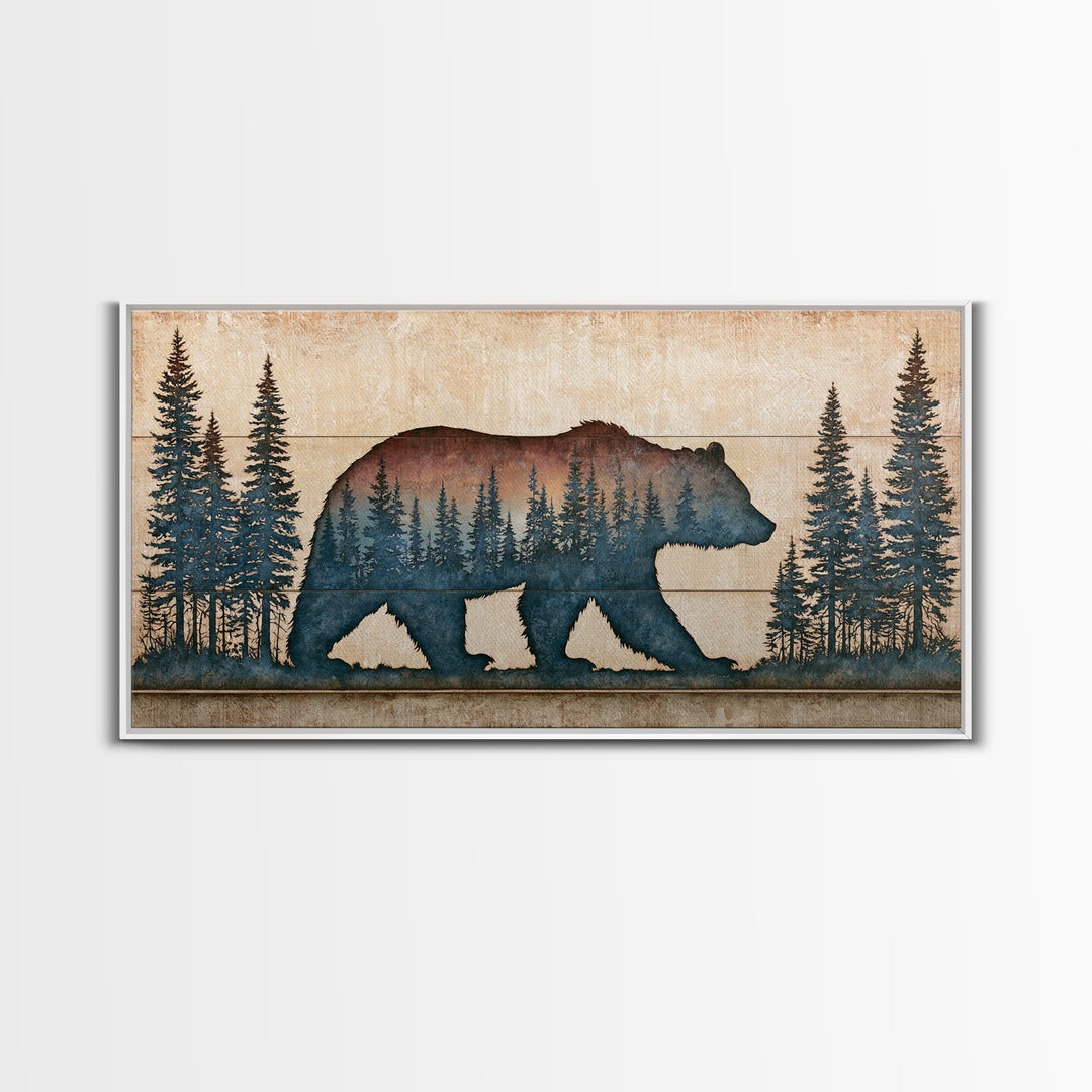 Bear Silhouette Among Pine Trees Framed Canvas Print, Rustic Art, Modern Decor, Farmhouse Decor, Oil Painting, Rustic, RUS-2x1-27
