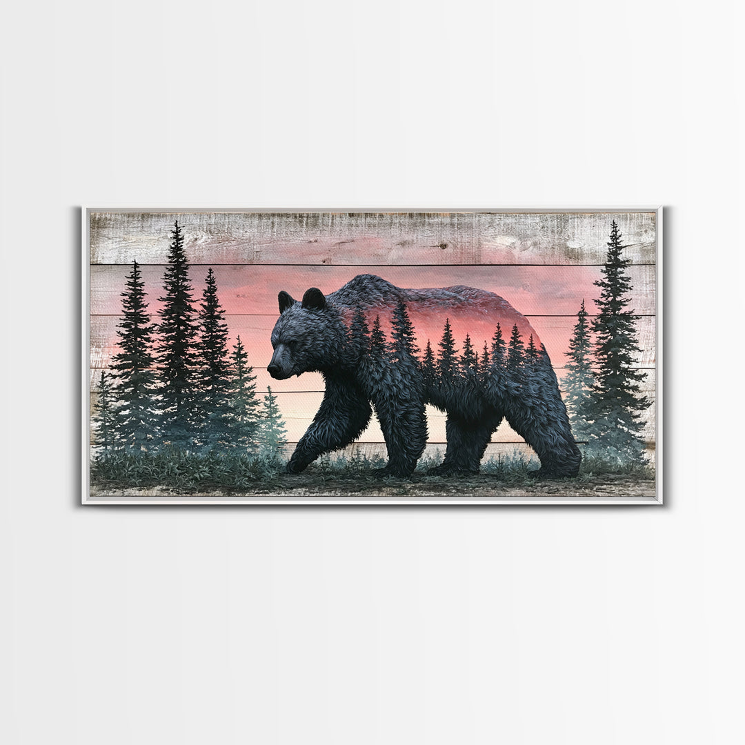 Bear Silhouette Among Pine Trees Framed Canvas Print, Rustic Art, Printable Art, Farmhouse Decor, Rustic, Farmhouse Wall Art, RUS-2x1-3