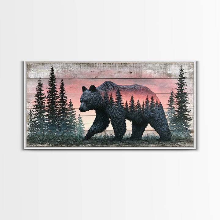 Bear Silhouette Among Pine Trees Framed Canvas Print, Rustic Art, Printable Art, Farmhouse Decor, Rustic, Farmhouse Wall Art, RUS-2x1-3