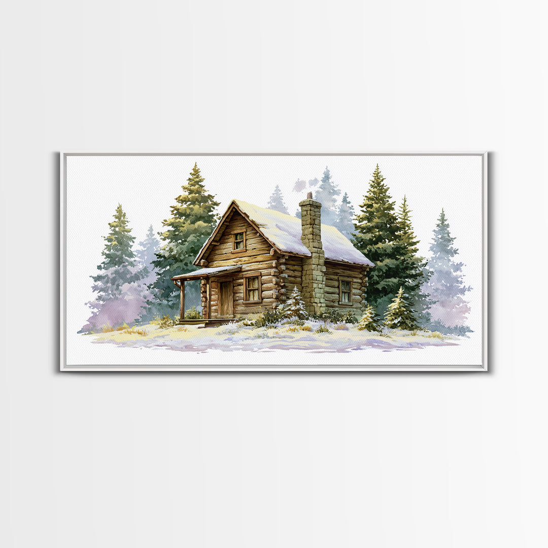 Log Cabin with Snowy Pines Framed Canvas Print, Rustic Art, Farmhouse Decor, Oil Painting, Rustic, Wood Wall Art, RUS-2x1-35
