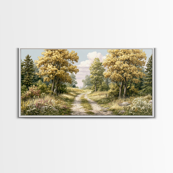 Forest Path with Golden Autumn Leaves Framed Canvas Print, Rustic Art, Modern Decor, Farmhouse Decor, Fine Art, Rustic, RUS-2x1-38