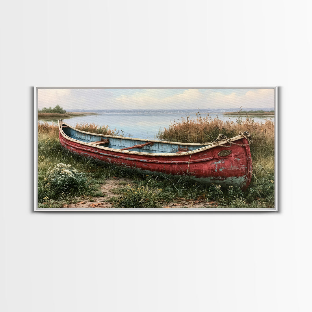 Old Canoe Pulled Onto a Lake Shore Framed Canvas Print, Rustic Art, Home Decor, Farmhouse Decor, Rustic, Living Room Decor, RUS-2x1-40