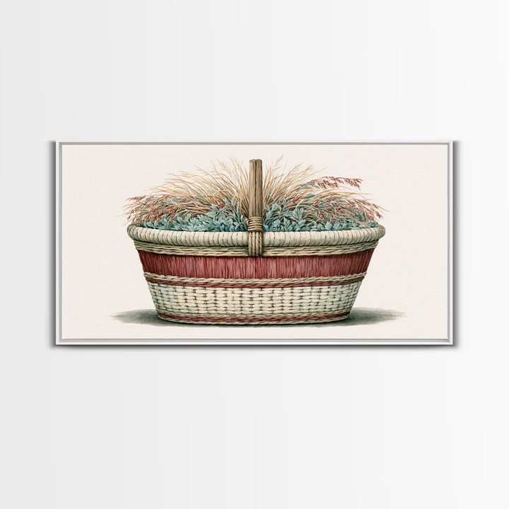 Handwoven Basket with Dried Grasses Canvas Print, Rustic Art, Textured Painting, Farmhouse Decor, Abstract Art, Rustic, RUS-2x1-44