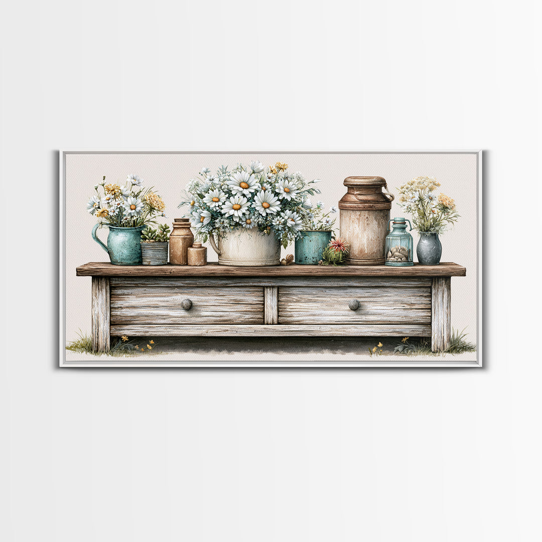 Weathered Barn Wood and Wildflower Still Life Framed Canvas Print, Rustic Art, Digital Art, Farmhouse Decor, Oil Painting, RUS-2x1-45